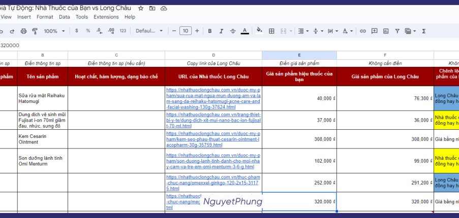 Bảng so sánh cập nhật giá sản phẩm tự động so với Long Châu
