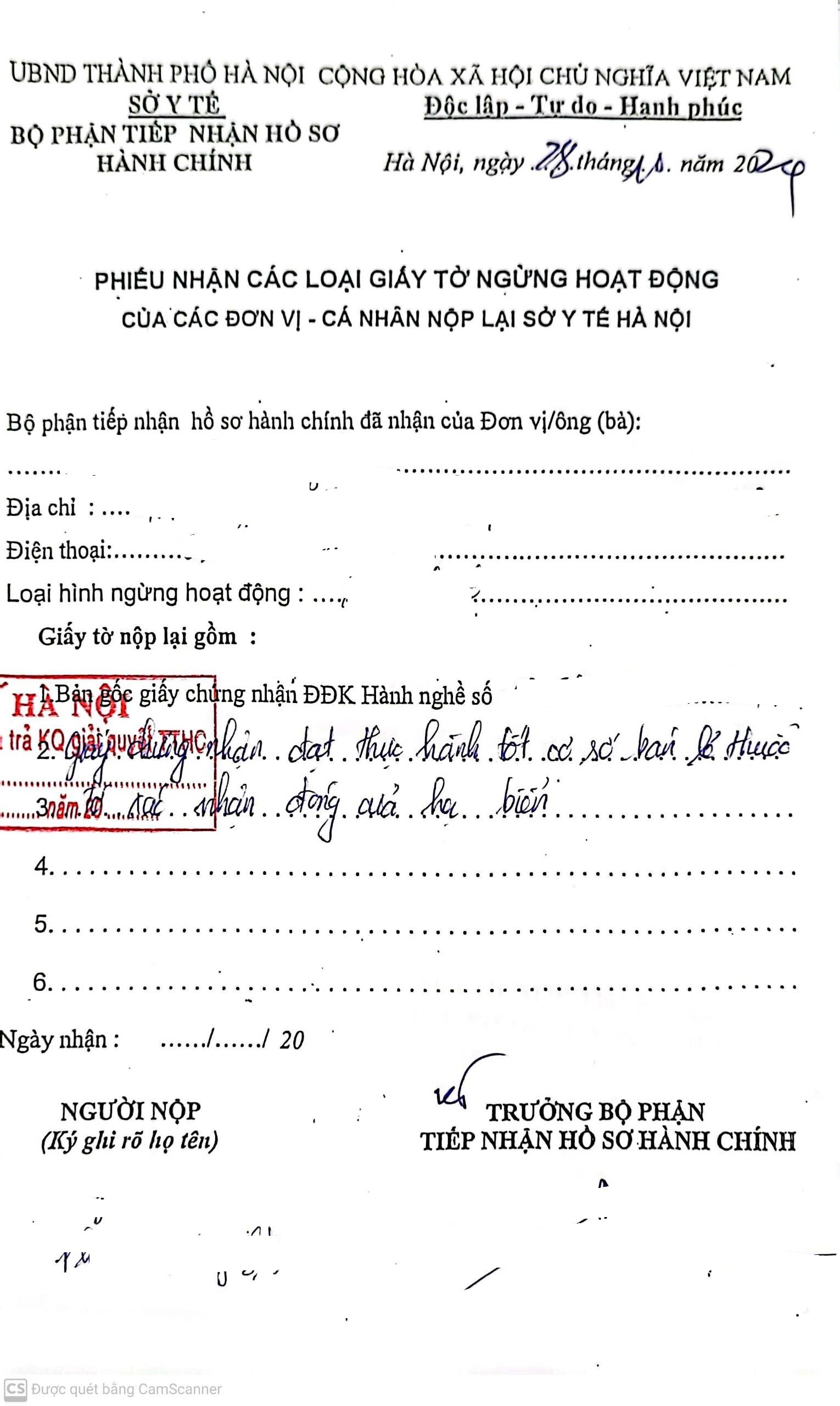 Sau khi hoàn thành bạn sẽ nhận lại được phiếu tiếp nhận ngừng hoạt động